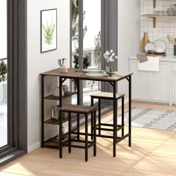 Set de Mesa de Bar y 2 Taburetes con Reposapiés y Estantes de 3 Niveles Almohadillas 109x60x100 cm Marrón Rústico - Ogal.Es