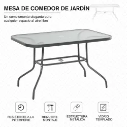 Mesa de Jardín Exterior Rectangular de Metal Bordes Curvos con Orificio para Sombrilla Capacidad 70kg Vidrio Tem... - Ogal.Es