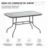 Mesa de Jardín Exterior Rectangular de Metal Bordes Curvos con Orificio para Sombrilla Capacidad 70kg Vidrio Tem... - Ogal.Es