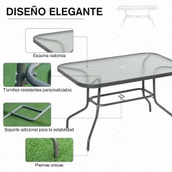 Mesa de Jardín Exterior Rectangular de Metal Bordes Curvos con Orificio para Sombrilla Capacidad 70kg Vidrio Tem... - Ogal.Es