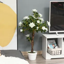 Planta Artificial de 90 cm Rosa Blanca Realista con 21 Flores y 350 Hojas Anti-UV Maceta de Cemento Verde - Ogal.Es