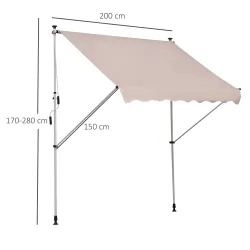 Toldo Manual Retráctil 200x150x170-280 cm para Balcón y Terraza con Altura Ajustable con Manivela Beige - Ogal.Es
