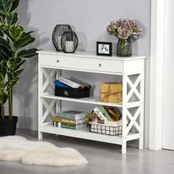 Mesa Consola de Entrada Recibidor con 2 Cajones y 2 Estantes Inferiores Mueble Moderno Base Elevada Antivuelco 1... - Ogal.Es
