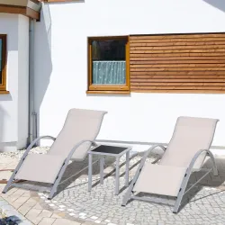 Set de 2 Tumbonas Jardín Exterior con Mesa Auxiliar de Vidrio Templado Tumbonas con Respaldo Reposabrazos para P... - Ogal.Es
