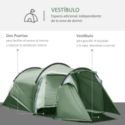 Tienda de Campaña Familiar 2 Personas Plegable Impermeable a Prueba de UV 20+ con Vestíbulo 426x206x154 cm Verde - Ogal.Es