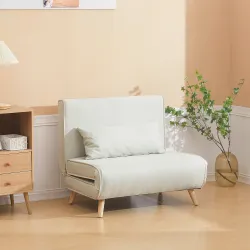 Sillón Cama Plegable con Respaldo Ajustable en 6 Posiciones Almohada Acolchada Carga 120 kg 94x78x80 cm Crema - Ogal.Es