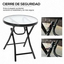 Mesa Auxiliar de Vidrio Redonda Plegable Mesa de Jardín con Hebilla de Seguridad Borde Cubierto de Metal Patio I... - Ogal.Es
