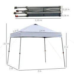 Cenador Plegable 3x3m con Bolsa de Transporte con Ruedas Impermeable y Marco de Acero Blanco - Ogal.Es