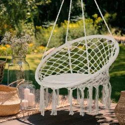 Silla Colgante Redondo de Ø60 cm Silla Hamaca Columpio con Cojín y Cuerda de Algodón para Interior y Exterior Ca... - Ogal.Es
