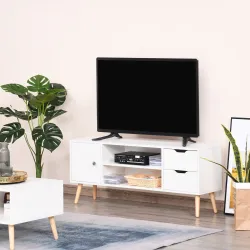 Mueble de TV para Televisiones de 50" Mesa de Salón con Puerta 2 Estantes Abiertos y 2 Cajones 120x28x44 cm Blanco - Ogal.Es