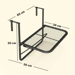 Mesa Colgante de Balcón con Brazo Regulable y Altura Ajustable en 3 Posiciones Marco Metálico 60x56x50 cm Negro - Ogal.Es