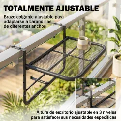 Mesa Colgante de Balcón con Brazo Regulable y Altura Ajustable en 3 Posiciones Marco Metálico 60x56x50 cm Negro - Ogal.Es