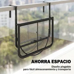 Mesa Colgante de Balcón con Brazo Regulable y Altura Ajustable en 3 Posiciones Marco Metálico 60x56x50 cm Negro - Ogal.Es