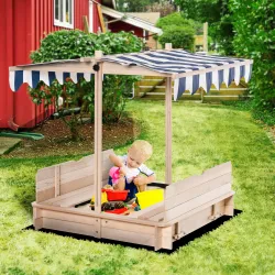 Arenero Infantil con Toldo Ajustable en Altura 2 Bancos y Respaldos Desmontables para Patio 106x106x115 cm Natural - Ogal.Es