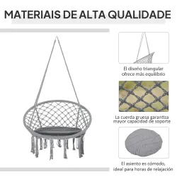 Silla Colgante Redondo de Ø60 cm Silla Hamaca Columpio con Cojín y Cuerda de Algodón para Interior y Exterior Ca... - Ogal.Es
