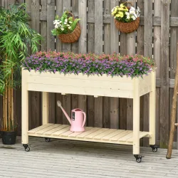 Huerto Urbano Mesa de Cultivo 118x55x83 cm Elevado de Madera con Estante Tela Geotextil Ruedas con Frenos Portát... - Ogal.Es