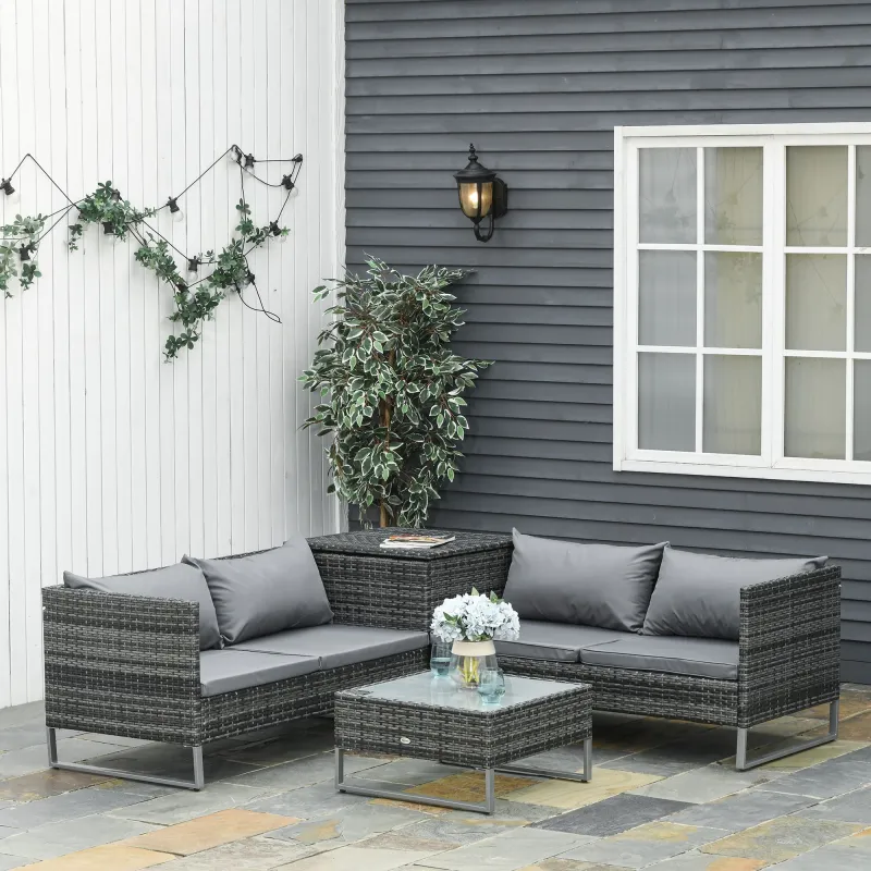 Conjunto de 4 Muebles de Jardín de Ratán con 2 Sofás Dobles Mesa Central Mesa con Arcón Cojines Extraíbles para ... - Ogal.Es