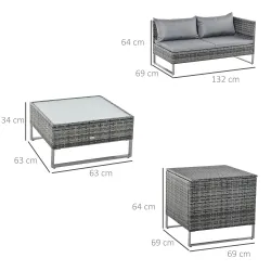 Conjunto de 4 Muebles de Jardín de Ratán con 2 Sofás Dobles Mesa Central Mesa con Arcón Cojines Extraíbles para ... - Ogal.Es