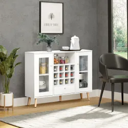 Aparador de Cocina con Botellero Cajón Estante Abierto y 2 Armarios con Puertas de Cristal 100x33x80 cm Blanco - Ogal.Es