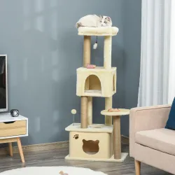 Árbol Rascador para Gatos Grande 60x34x136 cm Árbol para Gatos con Plataformas Cuevas de Felpa Postes de Yute Beige - Ogal.Es