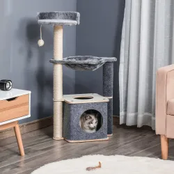 Árbol Rascador para Gatos 48x34x95 cm Torre para Gatos con Hamaca Plataformas Cueva Extraíble Postes de Sisal Gris - Ogal.Es