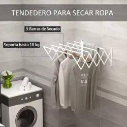 Tendedero de Pared Extensible de 63,5 cm Tendedero de Ropa de Metal con 5 Barras para Interior y Exterior Baño B... - Ogal.Es