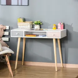 Mesa de Escritorio Infantil Mesa Consola con 1 Compartimento Abierto y 2 Cajones Estilo Nórdico para Estudio Ent... - Ogal.Es
