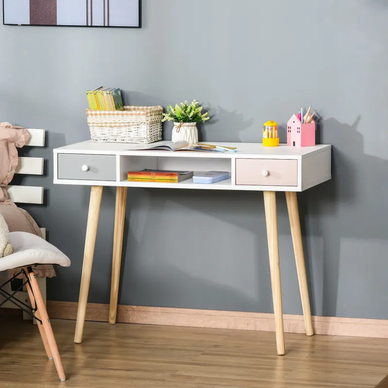 Mesa de Escritorio Infantil Mesa Consola con 1 Compartimento Abierto y 2 Cajones Estilo Nórdico para Estudio Ent... - Ogal.Es