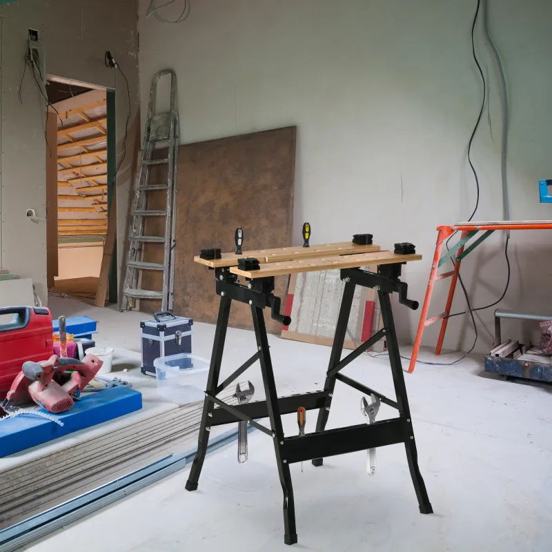 Banco de Trabajo Plegable Portátil con Tableros Ajustables Ángulo y Distancia 63,5x60,5x78 cm Madera Natural y N... - Ogal.Es