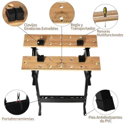 Banco de Trabajo Plegable Portátil con Tableros Ajustables Ángulo y Distancia 63,5x60,5x78 cm Madera Natural y N... - Ogal.Es