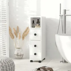 Armario de Baño con Ruedas Mueble Auxiliar para Baño con Estante Abierto Puerta y Cajón 18x30x68,5 cm Blanco - Ogal.Es