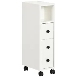 Armario de Baño con Ruedas Mueble Auxiliar para Baño con Estante Abierto Puerta y Cajón 18x30x68,5 cm Blanco - Ogal.Es