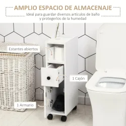 Armario de Baño con Ruedas Mueble Auxiliar para Baño con Estante Abierto Puerta y Cajón 18x30x68,5 cm Blanco - Ogal.Es