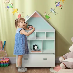 Estantería de Madera Infantil Forma de Casa Librería para Niños con 8 Compartimentos Abiertos y Cajón de 2 Color... - Ogal.Es