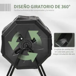 Compostador de Tambor Giratorio con Capacidad 160 Litros de Doble Cámara y Ventilación Marco de Acero 71x65x96cm... - Ogal.Es