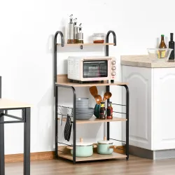 Estantería de Cocina de 4 Niveles con Ganchos Estantería para Microondas 60x40x125 cm Madera Natural - Ogal.Es