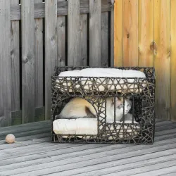 Cesta de Ratán para Gatos de 2 Alturas Cama Cueva de Gatos con 2 Cojines Suaves y Ventana 56x41x45 cm Café Oscuro - Ogal.Es