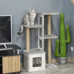 Árbol Rascador para Gatos 67x38,5x114 cm Torre de Escalada de Gatos con Cueva de Madera Múltiples Plataformas y ... - Ogal.Es