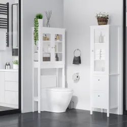 Armario Alto para Baño Mueble Columna de Baño con Puerta de Cristal Estantes Ajustables y 2 Cajones 43x35x160 cm... - Ogal.Es
