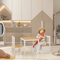 Mesa y Sillas Infantiles de 4 Piezas Mesa Infantil con 2 Sillas y Banco con Almacenaje Juego de Muebles para Act... - Ogal.Es