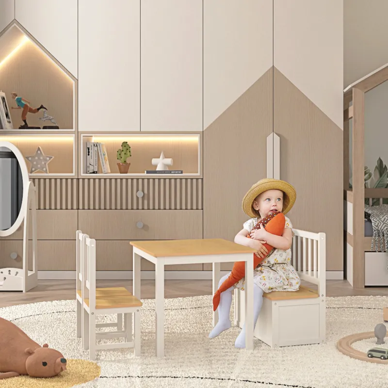 Mesa y Sillas Infantiles de 4 Piezas Mesa Infantil con 2 Sillas y Banco con Almacenaje Juego de Muebles para Act... - Ogal.Es