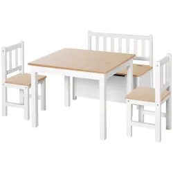Mesa y Sillas Infantiles de 4 Piezas Mesa Infantil con 2 Sillas y Banco con Almacenaje Juego de Muebles para Act... - Ogal.Es
