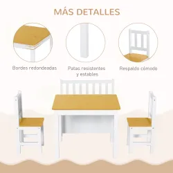 Mesa y Sillas Infantiles de 4 Piezas Mesa Infantil con 2 Sillas y Banco con Almacenaje Juego de Muebles para Act... - Ogal.Es