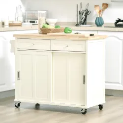 Carrito de Cocina Multifuncional con Ruedas 2 Puertas Correderas 2 Cajones y Barra de Colgar 110x49,5x89,5 cm Crema - Ogal.Es