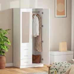 Armario Ropero de 2 Puertas con Espejo 3 Cajones Estantes Ajustables y Barra para Colgar Incluida 80x50x180 cm B... - Ogal.Es