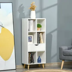 Estantería para Libros con 1 Cajón y Patas de Madera 6 Compartimentos Abiertos de Almacenaje 50x29,5x120 cm Blanco - Ogal.Es
