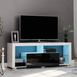 Mueble de TV para Televisiones de 55'' Mesa para TV de Salón con Luz LED 6 Modos de Colores 140x35x52 cm Blanco - Ogal.Es