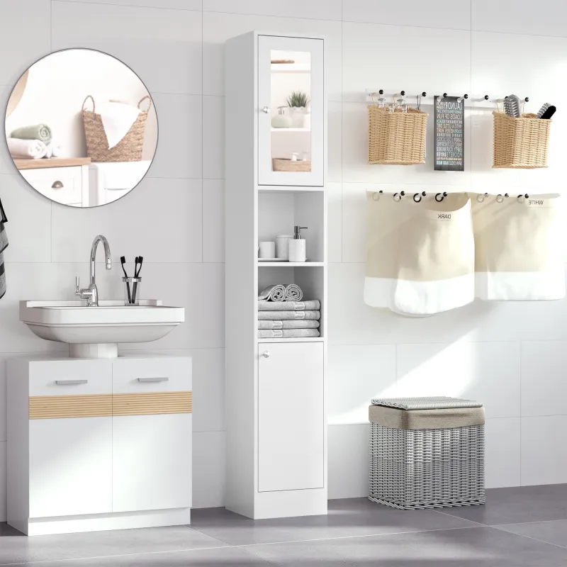 Armario Alto para Baño con Espejo Mueble Columna de Baño Madera con 2 Estantes Abiertos 2 Puertas y Baldas Inter... - Ogal.Es