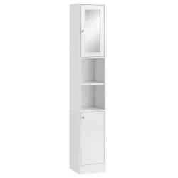Armario Alto para Baño con Espejo Mueble Columna de Baño Madera con 2 Estantes Abiertos 2 Puertas y Baldas Inter... - Ogal.Es