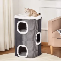 Barril Rascador para Gatos de 2 Niveles con Cuevas de Sisal Felpa Suave y Plataforma de Vellón 40x40x49 cm Gris - Ogal.Es